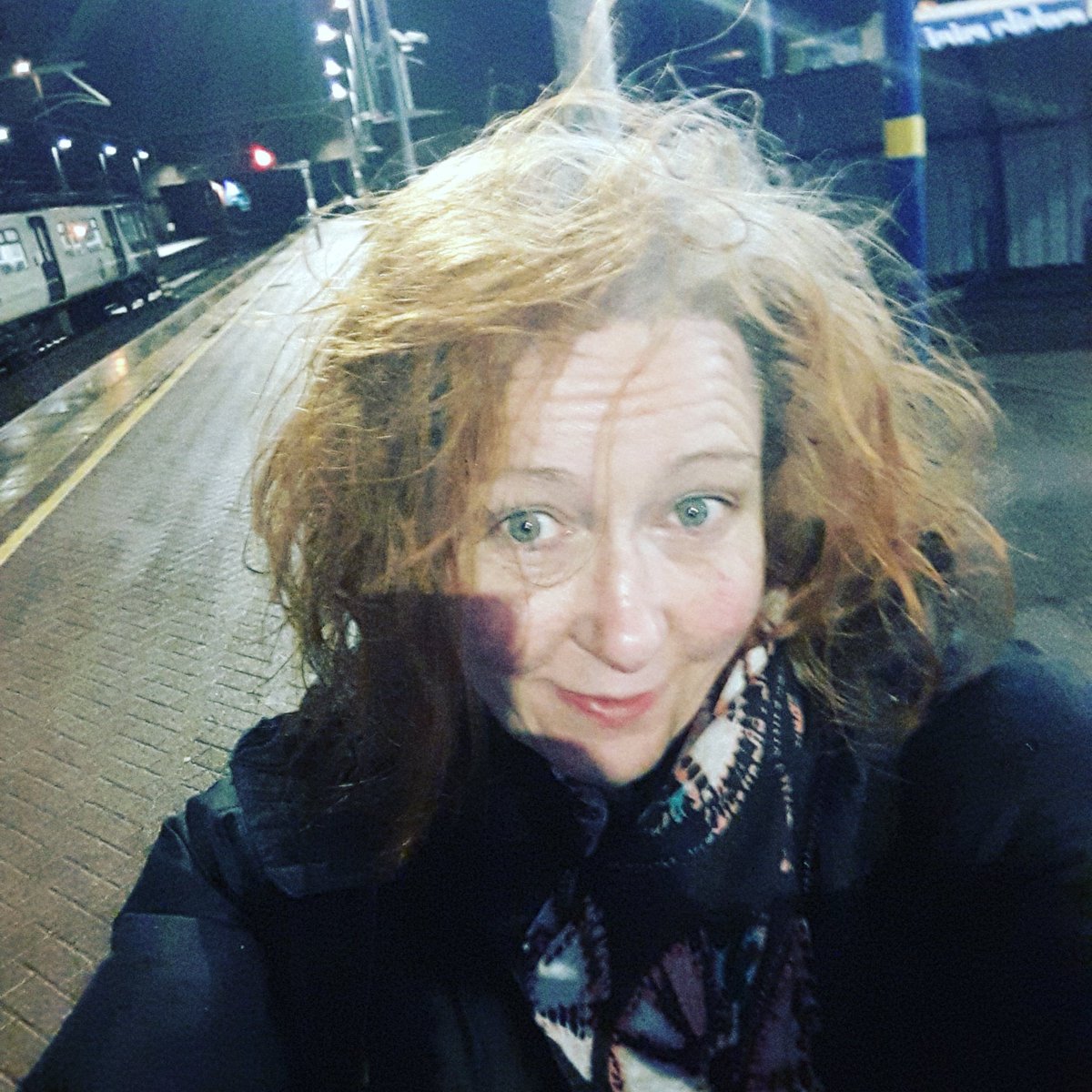 deb_connor's tweet photo. A bit wet n windy this morning! An early start for my train trip down to the @OneSpiritOrg gathering. I have my knitting, a flask of posb coffee my husband made for me &amp; my @Alpro almond milk... what else could this Daoist Priest possibly need for a smooth journey! #RevDeb #Dao https://t.co/A45AixY9BI