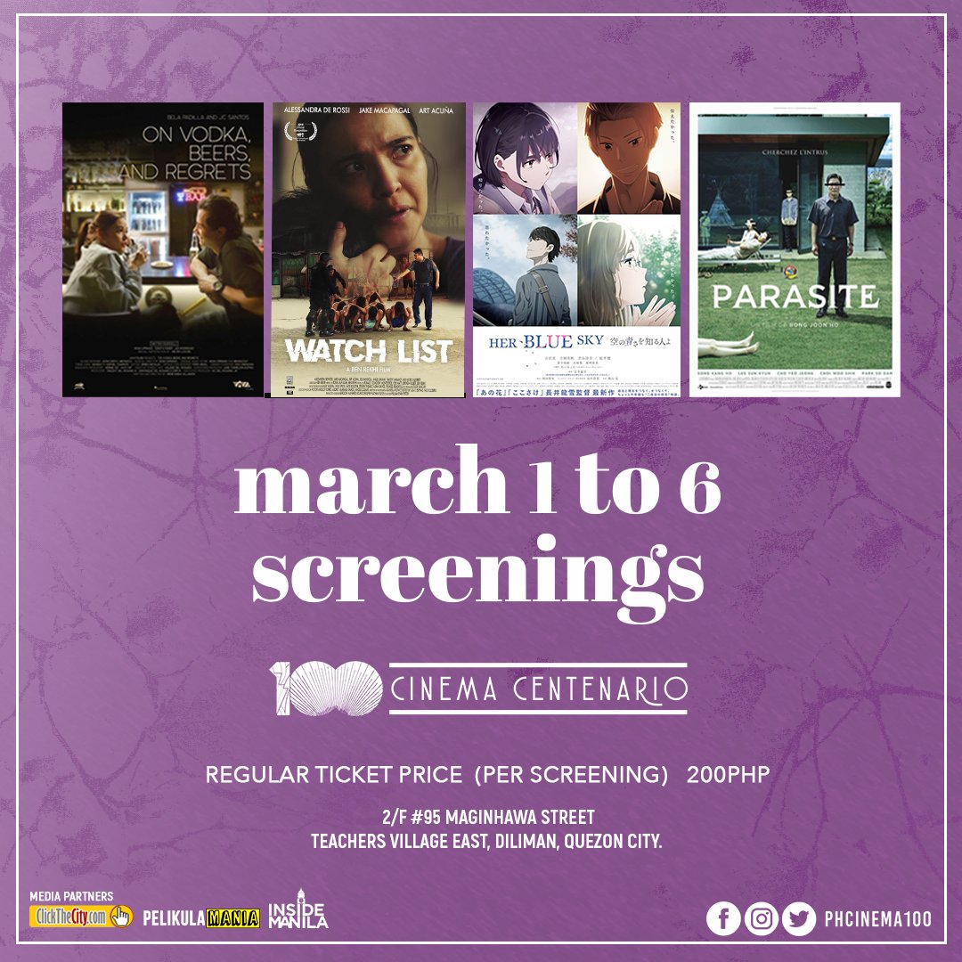 PHCinema100's tweet photo. Cinema Centenario - Maginhawa
[March 01 - 06 Screening Schedule]

#WelcomeHome #SupportPHFilms #PHCinema100 #AsianVision #SaMaginhawaTayo 
[a thread] https://t.co/yzAuMuA3IB