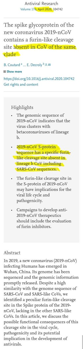 54. From a new paper in Antiviral Research:"This...cleavage site may provide a GAIN-OF-FUNCTION to the 2019-nCoV for efficient spreading in (humans)."“Before the emergence of the 2019-nCoV" another feature, from MERS, "was not observed in the lineage b of betacoronaviruses.”
