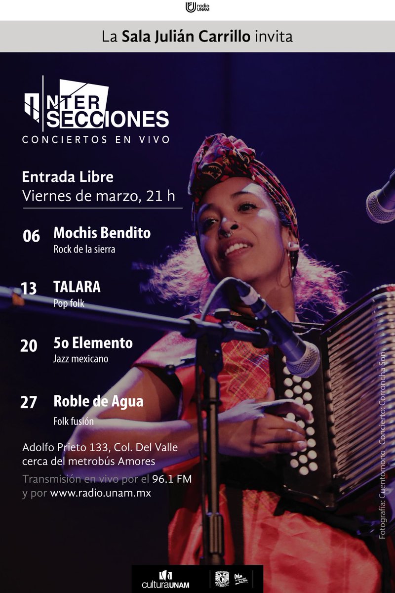 Aquí los próximos viernes de #INTERSECCIONES 🎉 Iniciamos marzo con los mejores encuentros sonoros y fusión de géneros musicales. 

Los esperamos a las 21:00. Entrada libre. <a href="/RadioUNAM/">Radio UNAM</a>