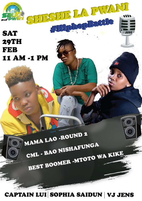 sautipwaniradio's tweet photo. Vote for the best Female Rapper Coastal Region CC: MamaLao, @cml_kenya Kenya na #BestBoomer kwenye battle.

Nani Mkali?
Twende kaziii!!
#Tunairudishaaa
#GameYaPwaniGameYetu
#ShesheLaPwani
#SikilizaSauti
#Block411 https://t.co/yOXEKjQTQJ