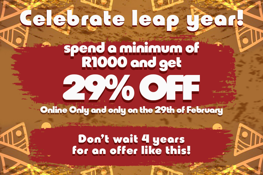 SHOP NOW AND SAVE! To celebrate leap year, Big Blue is having a massive sale! Get 29% off all purchases over R1000. Save on Leap Day with Big Blue. Online only. 24-hour flash sale!