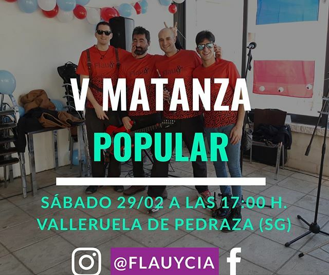 Buenos días gentes.
¿Cómo va la life? ¿estáis recuperados de los carnavales?
Nosotros ya estamos a tope y hoy volvemos a hacer ruido en la V Matanza Popular de Valleruela de Pedraza (Segovia) a eso de las 17 h.
¡Os esperamos por allí majos! #flauycia ift.tt/2wZ2rx5