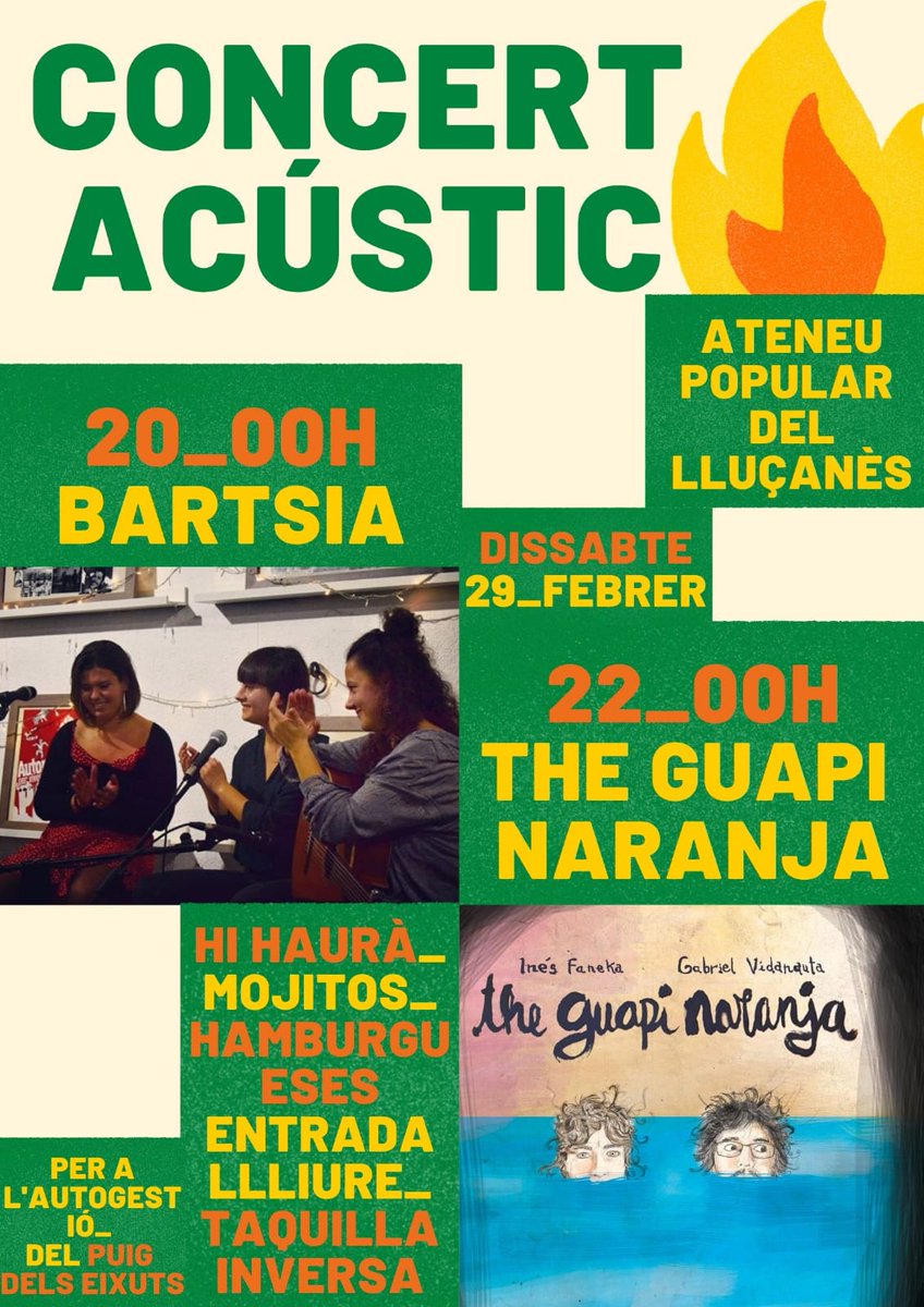 AteneuLlucanes's tweet photo. Avui dissabte obrirem l'Ateneu per acollir els concerts de Bartsia i The Guapi Naranja! 🎶🎉

Hi haurà sopar d'hamburgueses, mojitos i birra artesana a preus populars. 
Entrada Lliure a taquilla inversa!

#AteneuLluçanès https://t.co/uCgGzpj8w0
