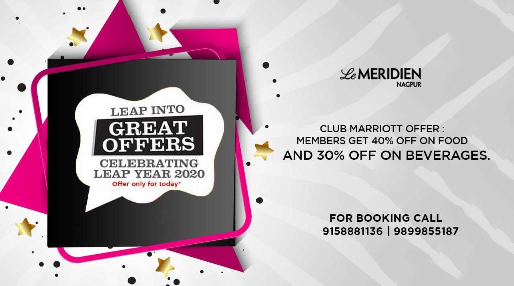 Want to do something exciting? 
Come to #LeMeridienNagpur, and Get 40% off on Food & 30% off on Beverages. 
Avail this offer today. 
*Offer only for #ClubMarriott Members

#LeMeridienNagpur #MarriottBonvoy #DestinationUnlocked #DiscoverTogether #Offer #Nagpur