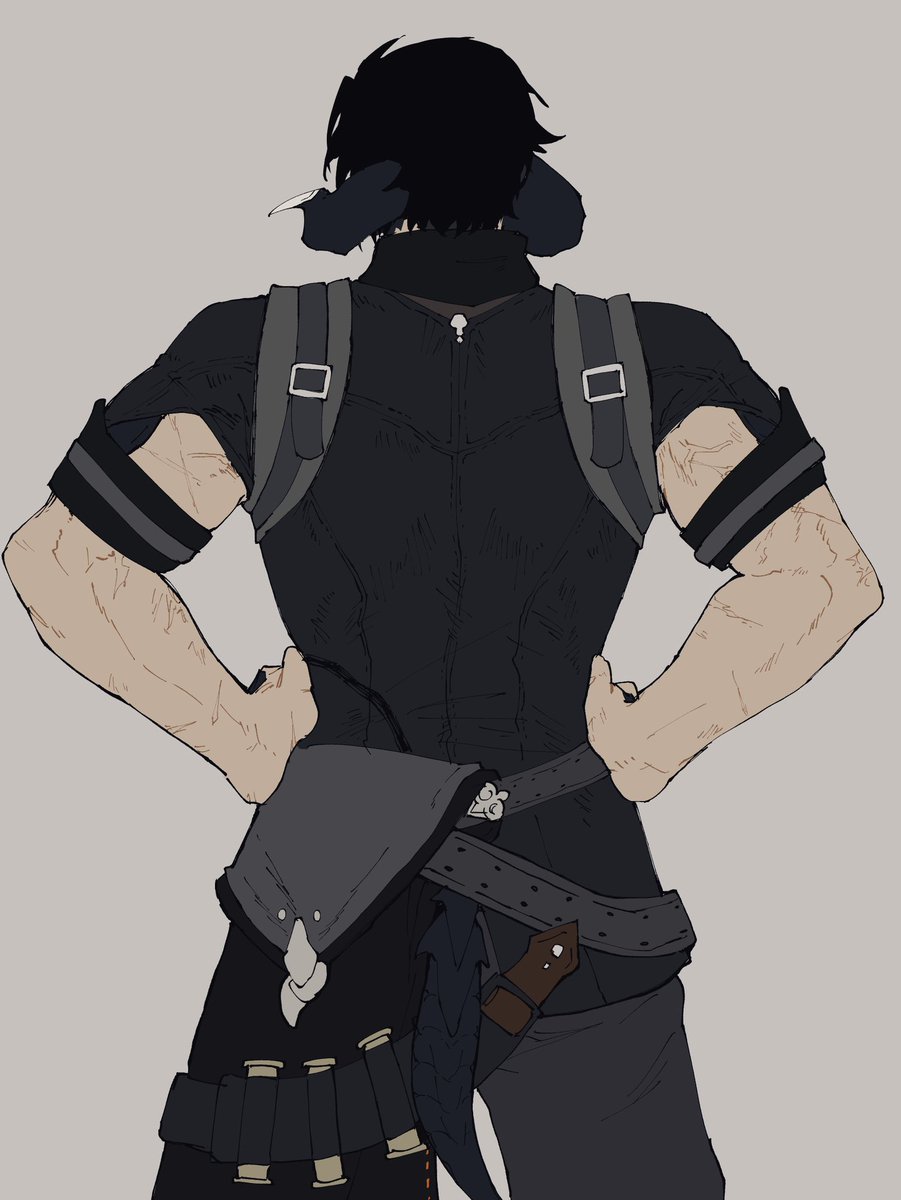 male focus 1boy from behind solo black hair au ra hands on hips  illustration images