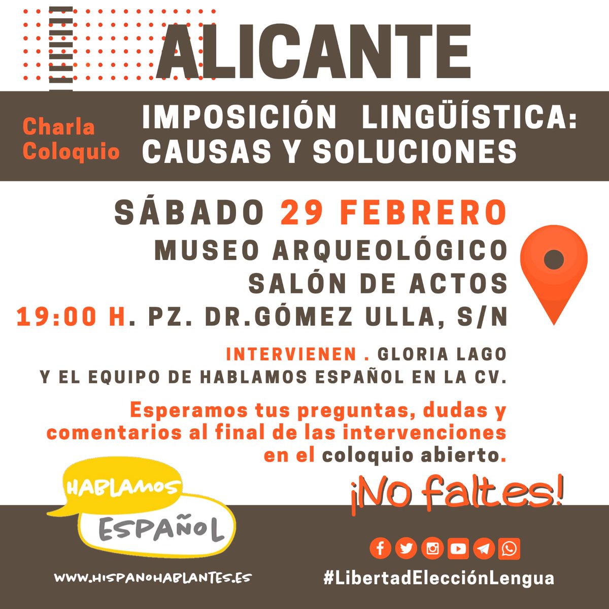 HablamosE's tweet photo. Hoy Gloria Lago en Alicante. 
Por la #LibertadEleccionLengua
#HablamosEspañol
Te esperamos. https://t.co/smETNdGbkr