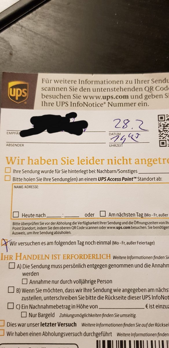 Echt jetzt <a href="/UPS/">UPS</a> <a href="/UPS_DE/">UPS_DE</a> @UPSHilfe_DE ich war um die zeit Zeit zuhause, es har keiner geklingelt. Anstatt es an einem anstatt bei einem eurer Acces Points zu hinterlege, wo ich es heute selbst holen könnte soll ich bis Montag warten?
Wo ist das Paket?