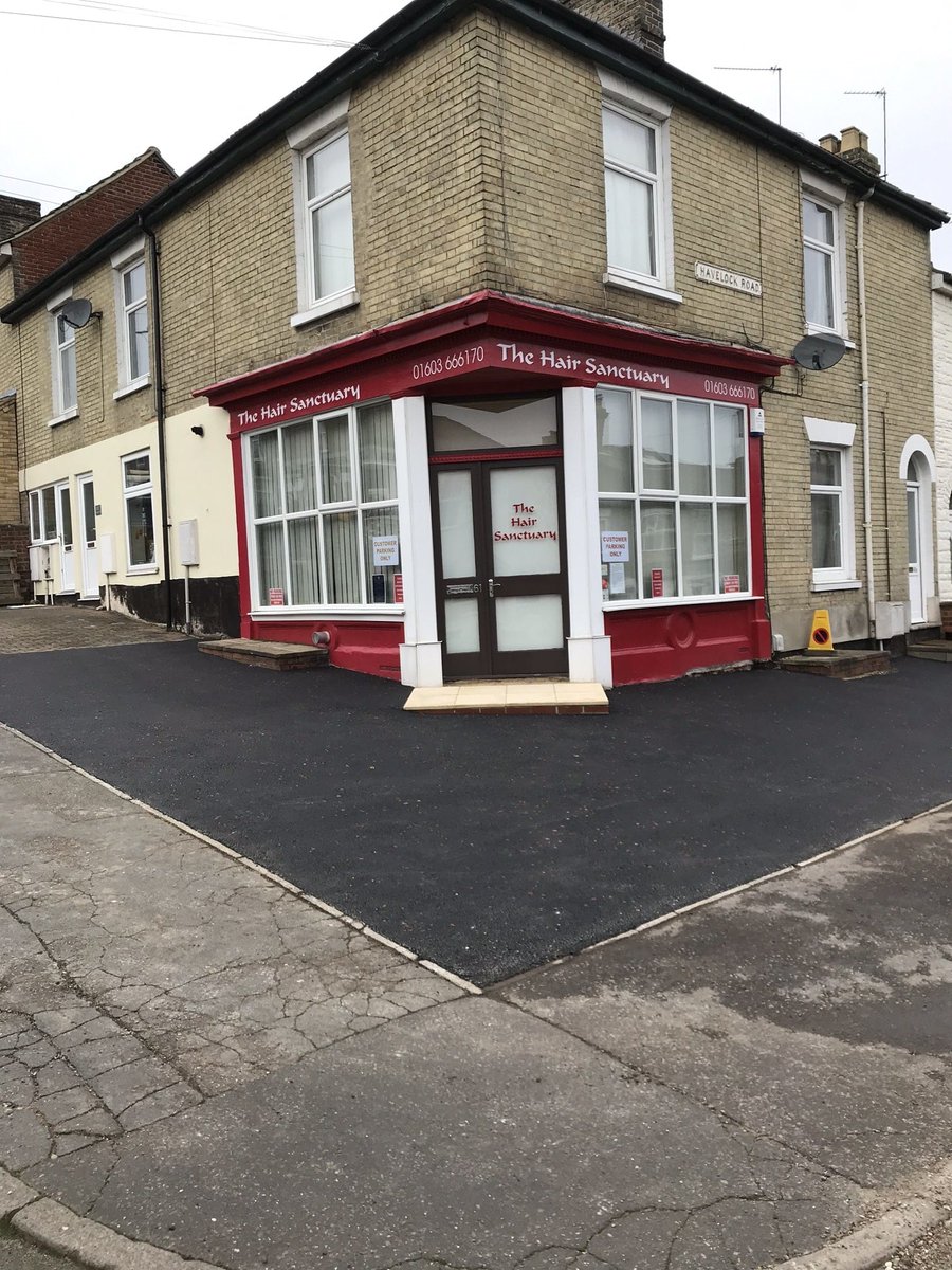 AsphaltNorfolk's tweet photo. New Tarmac Surface with red chippings for customers at the Hair Sanctuary in the Golden Triangle, Norwich https://t.co/hsJdA2VXXb
