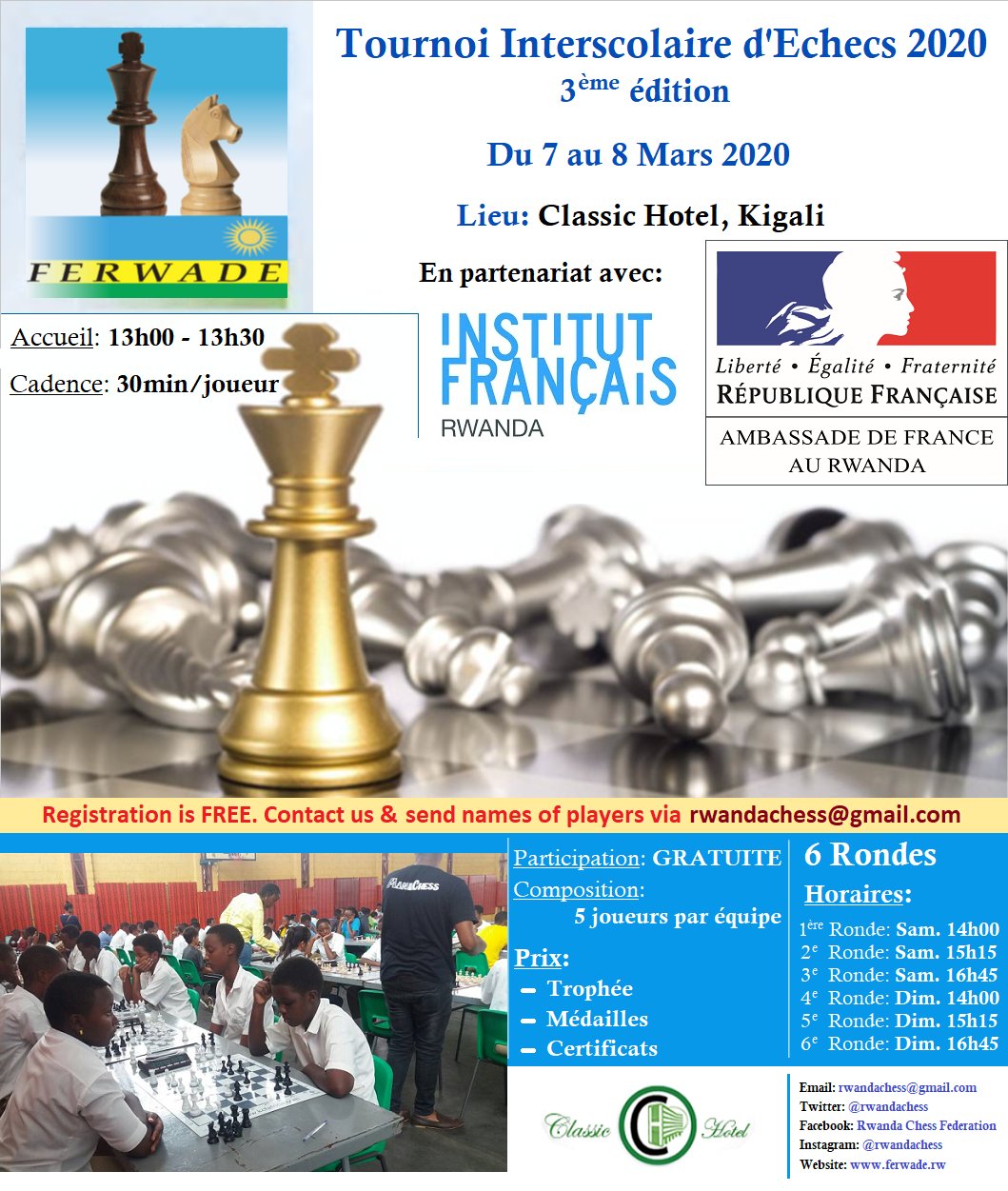 Rwanda Chess Federation on X: Here we go  The Inter Schools #Chess  Tournament is organized in partnership with the @ambafrancerwa and the  #InstitutFrancaisRwanda Schools may register more than 1 team (of