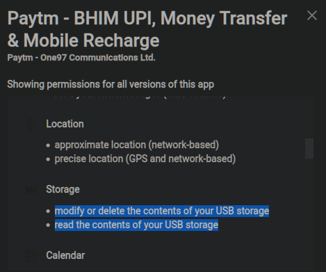 The  @Paytm app can read/modify/delete all your files. Why does a payment app need that kind of access to all your data?