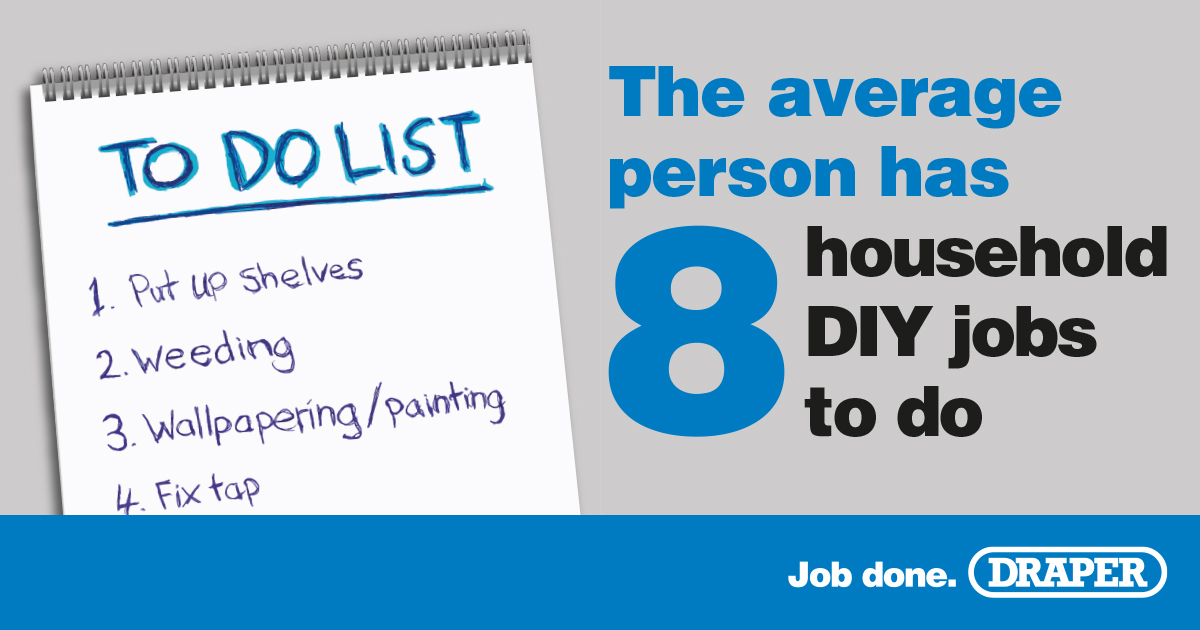 drapertools's tweet photo. How many unfinished DIY jobs or household repairs have you got on your list? 

Use the extra day to get your to do list done. 

Draper’s Job Done survey has revealed that the average person has around 8 jobs on their to do list…how do you compare? 🤔

#JobDoneDraper https://t.co/NTGpHWtuSs