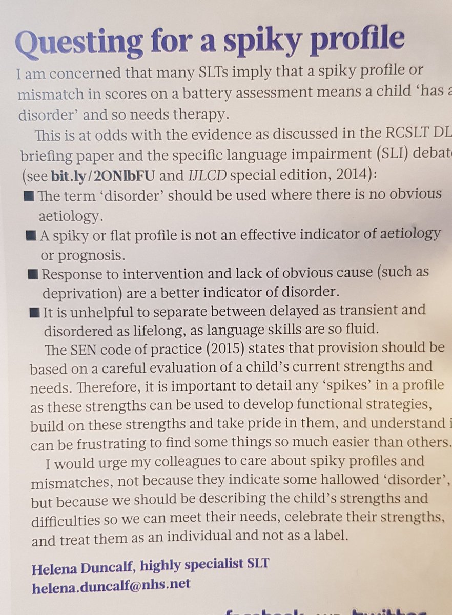 Susan (@susanebbels) on Twitter photo Thanks <a href="/HelenaDuncalf/">Helena Duncalf</a> for your letter to @rcslt_bulletin clarifying "spikey profile" does not = disorder & not an effective indicator of aetiology or prognosis
Love your last sentence re describing strengths and difficulties to meet needs & treat as individual not a label Thanks <a href="/HelenaDuncalf/">Helena Duncalf</a> for your letter to @rcslt_bulletin clarifying "spikey profile" does not = disorder & not an effective indicator of aetiology or prognosis
Love your last sentence re describing strengths and difficulties to meet needs & treat as individual not a label
