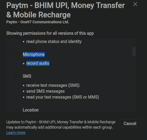Why does a payment app need to record audio? Why does it need to track your location? Will  @Paytm prevent you from spending your money if you are at a location their Chinese masters do not approve of?
