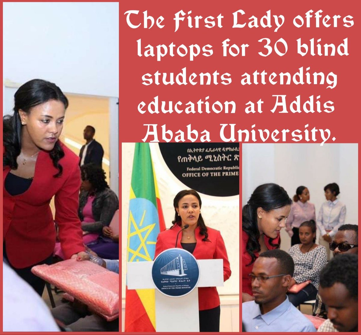 SamsonSoliyana's tweet image. The First Lady #Zinash_Tayachew offers #laptops for 30 blind students attending education at #Addis_Ababa_University.,
The laptops were obtained from #ASHL_FOUNDATION in #Taiwan.