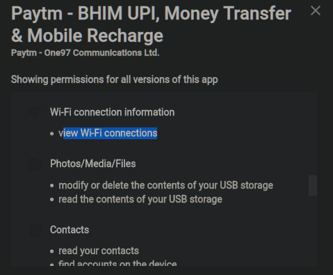 They have a sneaky backdoor to stalk their customers in a way that most people won't even realise that  @Paytm is tracking their location.They grab the users' Wi-Fi information and use that to determine their location. https://en.wikipedia.org/wiki/Wi-Fi_positioning_system