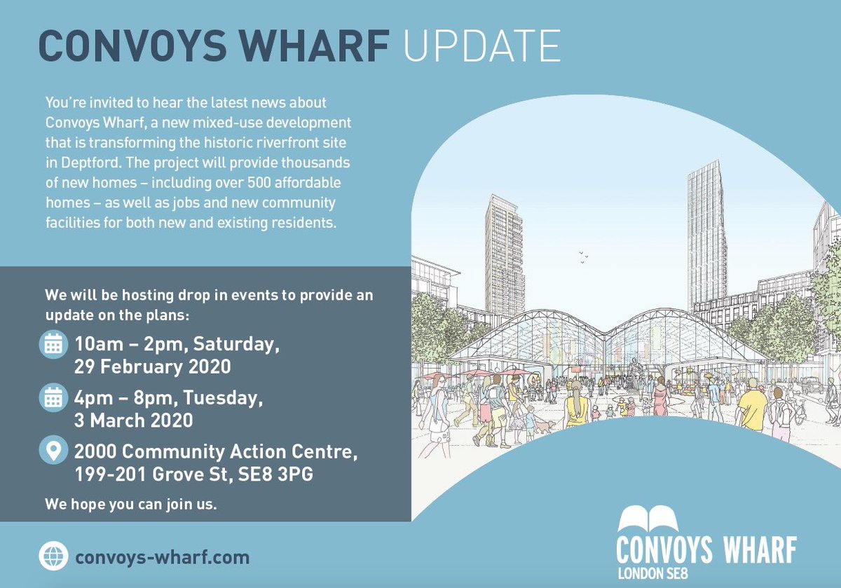 Convoys Wharf update drop-in sessions today Saturday 29th 10 - 2pm and the Tuesday 3rd 4pm - 8pm <a href="/2000cac/">2000CAC</a>.