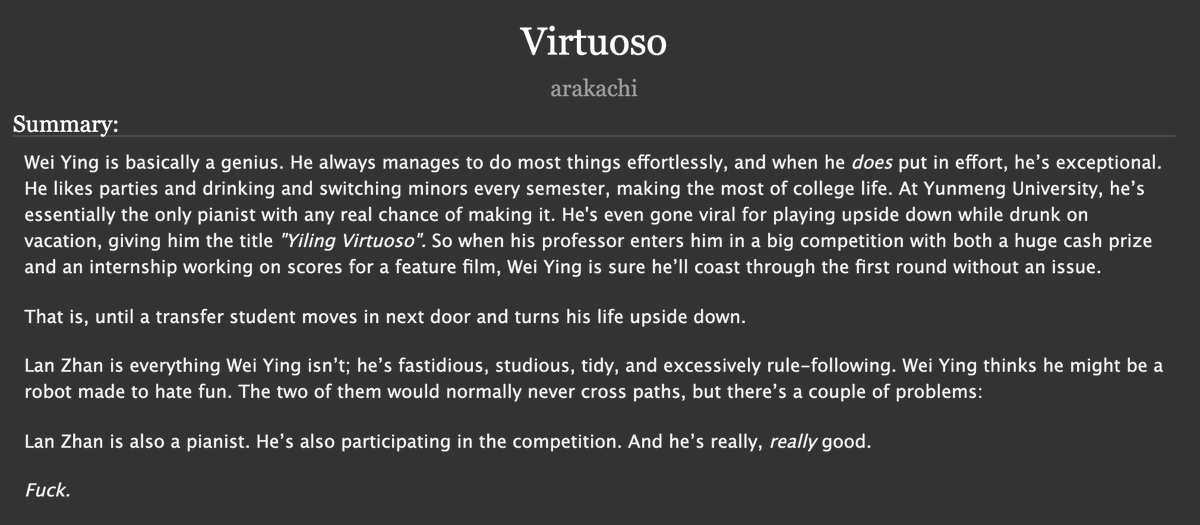 xie1ian's tweet photo. Chapter 1 of my @MXTXBang fic, Virtuoso! https://t.co/fXFIhdfYj7
WangXian Piano Rivals AU ft. side SangNingCheng, college shenanigans, and a whole lotta mutual pining with competitive tension! https://t.co/ATYLeCpBcd