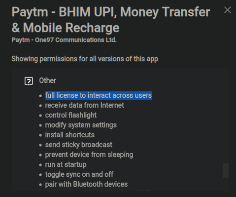 You know how (some?) Android phones, support multiple users/guest mode, so that you can keep your data compartmentalised... work/personal/confidential/guest etc. @Paytm doesn't like customers having that kind of privacy.They want full access to all users' data on the device!