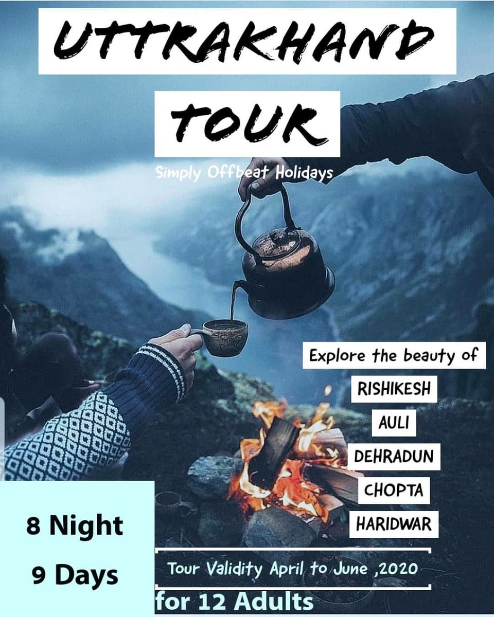 8 nights 9 days Uttarakhand Luxury Tour Package Cost for Rs. 37,000 per adult. 

facebook.com/HolidaysinUnex…

#awesomeauli #simplyheavenuttarakhand #rishikeshrafting #haridwar #simplyoffbeatuttarakhand #travel #offbeattour #pricelessexperiences #adventure #incredibleindia #tourism