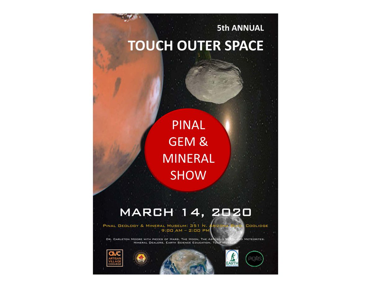 AZGeology's tweet image. Want to touch extraterrestrial rocks? Dr. Carleton Moore is coming to Coolidge, AZ's, Pinal Geology and Mineral Museum with rocks from Mars, the Moon, and the asteroid Vesta. #MarsRocks
WHEN: Saturday, March 14, 2020, 9 a.m. to 2 p.m. pinalgeologymuseum.org/index.php/pina…