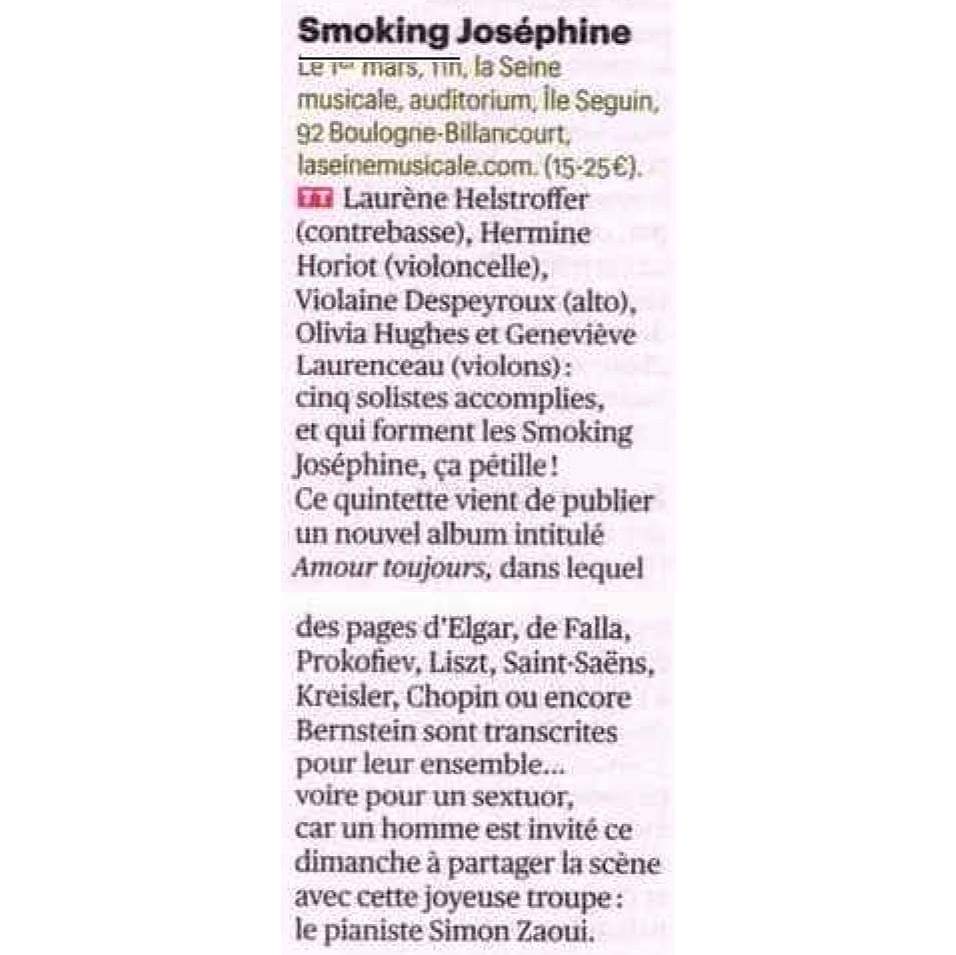 smokingjo5's tweet photo. Smoking Joséphine est dans @TeleramaSortir  🎉  Rendez-vous ce soir à l'Auditorium de Vincennes : https://t.co/sy4B4nkNaz
💿 L'album est disponible ici : https://t.co/QT2WilJ8W2
#telerama #sortir #vincennes #boulogne #concert #musique #classique #amourstoujours #smokingjosephine https://t.co/kfZbM4zx28