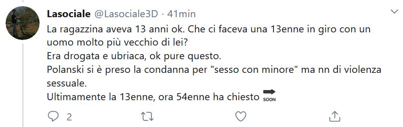 Noviolenzadonne's tweet photo. Queste sono le cose che uomini comuni scrivono sui social. Incolpare una ragazzina di 13 anni, drogata, stuprata più volte...La condanna è stata patteggiata ad una pena inferiore, è il sistema americano ma non vuol dire innocenza #Polanski #stupro #rivittimizzazione https://t.co/HyeUMVNimn