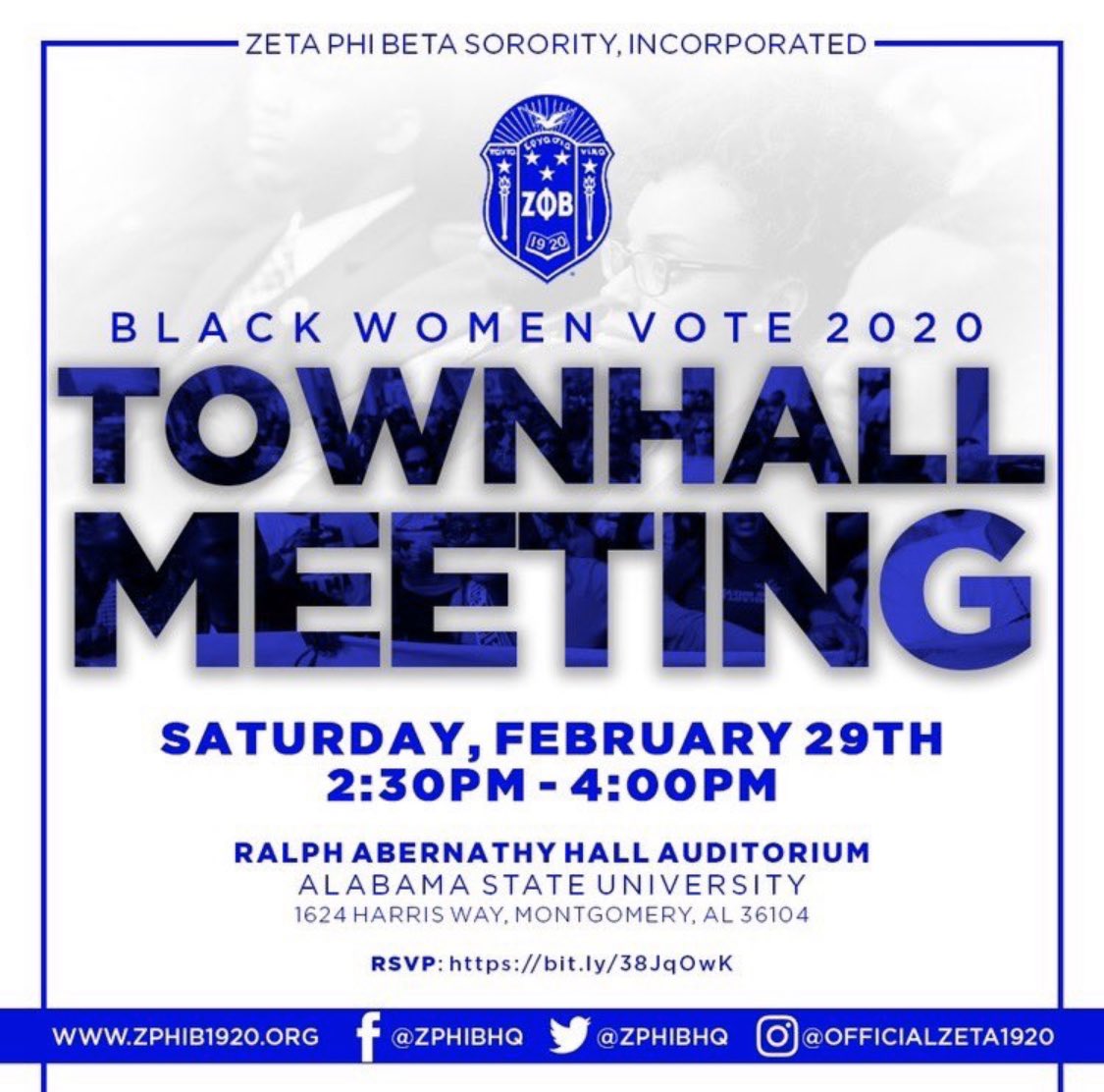 AAOZ_ZETAS's tweet photo. Today, Zeta Phi Beta will release results from In the Voices of Black Women study during its "Black Women Vote 2020" town hall on at 2:30 p.m. on the campus of Alabama State University in Montgomery, AL. 💙💙💙💙💙🕊 #zetaphibeta #zetagetengaged #zphib2020 #zphib https://t.co/JEWpeFOQnd
