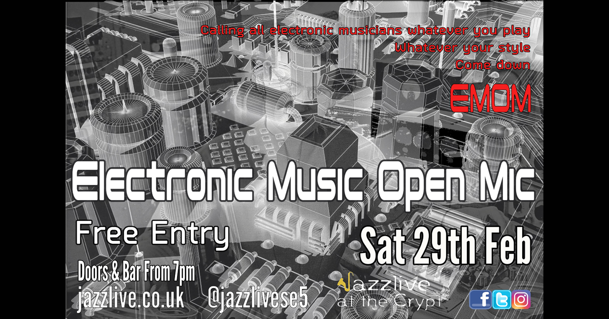 Tonight is EMOM night at The Crypt. Free Entry

Doors/bar open at 7pm. 

The most eclectic electronic open mic in town.

#EMOM #jazzlive #se5 #camberwell #venue #bar #saturdays #electronic #synths #loopers #effects #beats #lyrics #visuals #unique #jl25 #maddiganprojects #talent