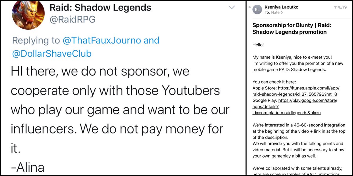 Blunty On Twitter So Here S Raid Shadow Legends Claiming They Don T Sponsor Youtubers To Promote Their Shitty Game And Here S Raidshadowledgends Directly Offering Me A Paid Sponsor Spot To Promote Their Game