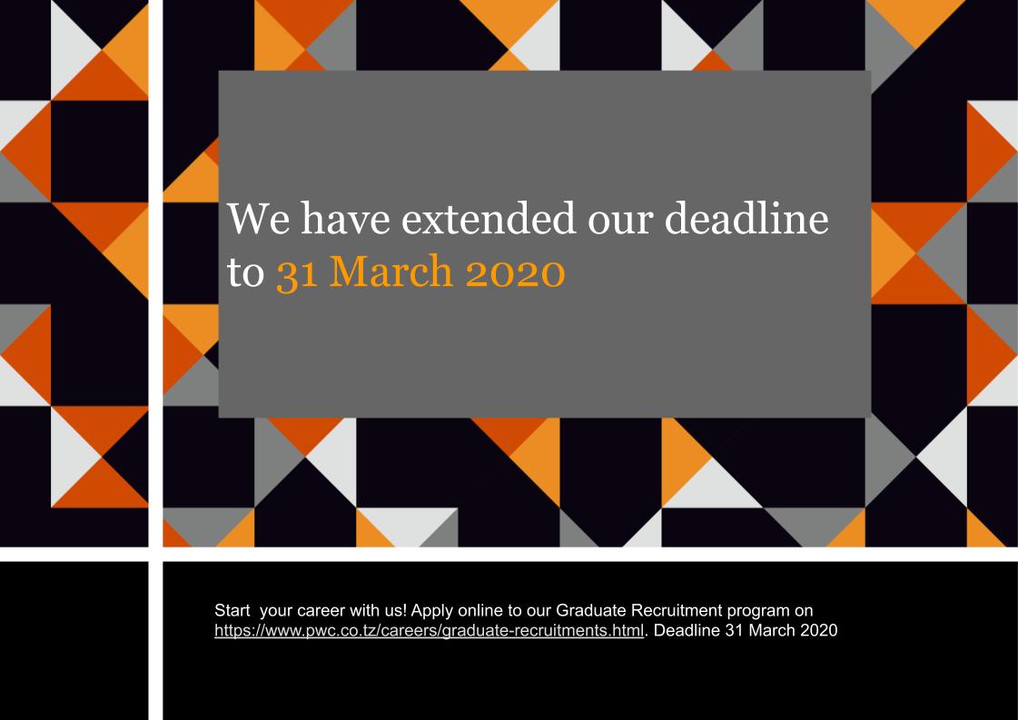 pwc_tz's tweet photo. We are still receiving applications for our graduate recruitment program. Apply today: https://t.co/Q8NRwRFASU #PwC #Tanzania #Graduate #Vacancy #Recruitment #GraduateRecruitmentProgram #Employment #JobOpening #Jobs https://t.co/ADZ4R3wNZd
