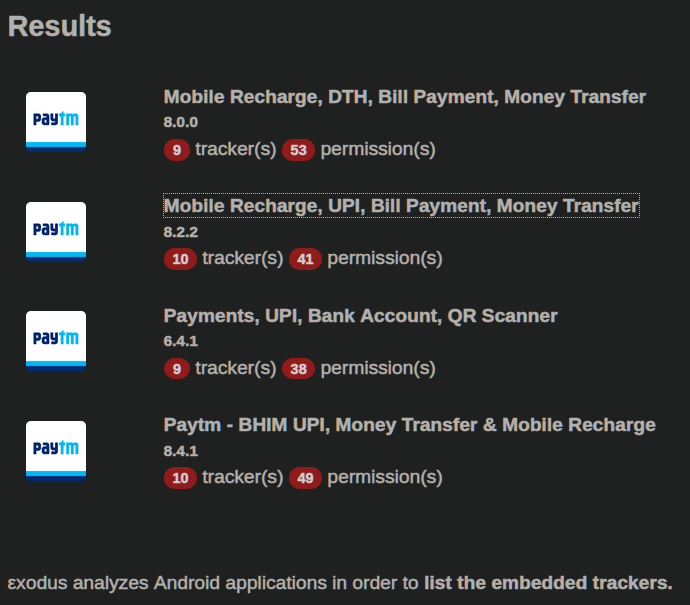 And that's just from the Android app's permissions.  @Paytm also installs a bunch of trackers to snoop on their customers some more. From  https://reports.exodus-privacy.eu.org/en/ 