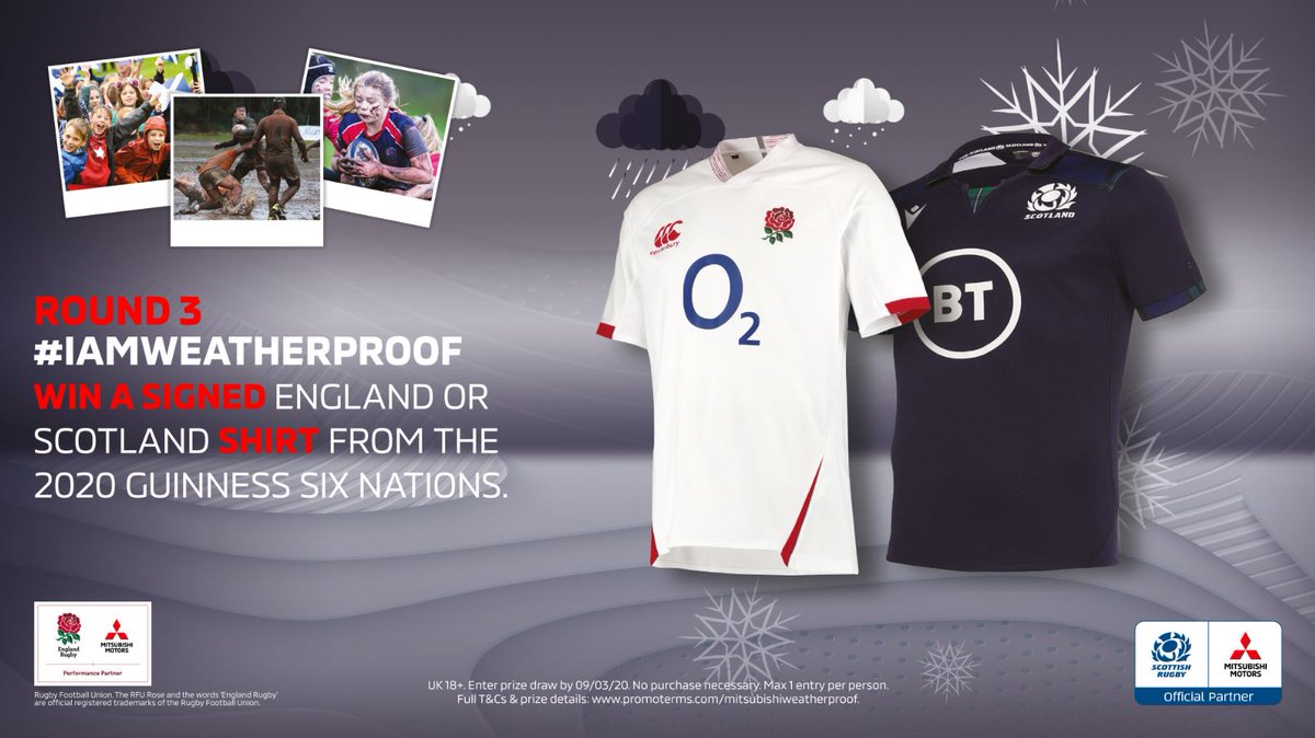 MitsubishiUK's tweet photo. Don't miss your chance to win a signed @EnglandRugby or @Scotlandteam shirt in our #IAmWeatherproof competition.
To enter tag and follow @MitsubishiUK & #IAmWeatherproof. Full T&Cs visit - https://t.co/pl4w8UDfuv https://t.co/VBqo7i6hfu