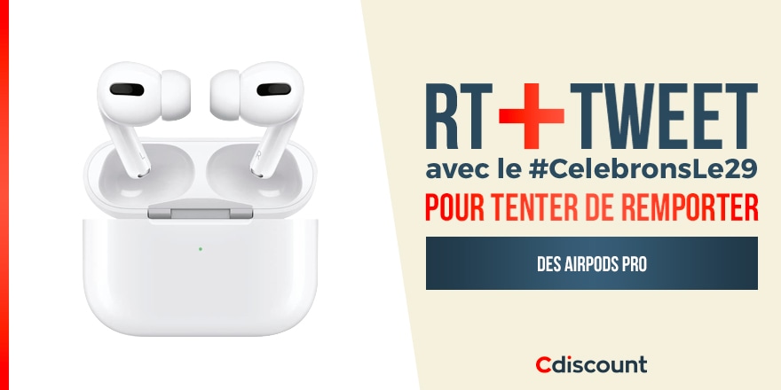 Cdiscount's tweet image. #Concours

Le jour qui n&apos;arrive que tous les 4 ans est enfin là !!!
On décide donc de dire que le 29/02 est l&apos;occasion de fêter tout ce que vous voulez !

Pour célébrer ça, des Airpods Pro à gagner : 
- RT + Tweet avec #CelebronsLe29 pour tenter de les gagner

Tirage : 03/03