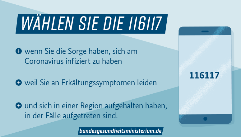 Wenden Sie sich telefonisch an Ihren Hausarzt oder wählen Sie die 116117 - die Nummer des ärztlichen Bereitschaftsdienstes-, wenn Sie die Sorge haben, sich am #Coronavirus angesteckt zu haben. Weitere Infos unter: bundesgesundheitsministerium.de/coronavirus 
<a href="/116117/">116117</a>
