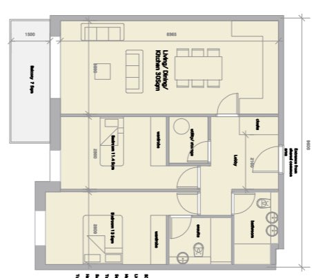 Typical 2-bedroom flat before reg changes; note- balcony, hall separating kitchen from bedrooms, direct escape from bedrooms (not through kitchen), opening windows; + short main corridors with escape stairs every 6ish flats (kitchen, esp oil fire is a high-fire risk area) 3/