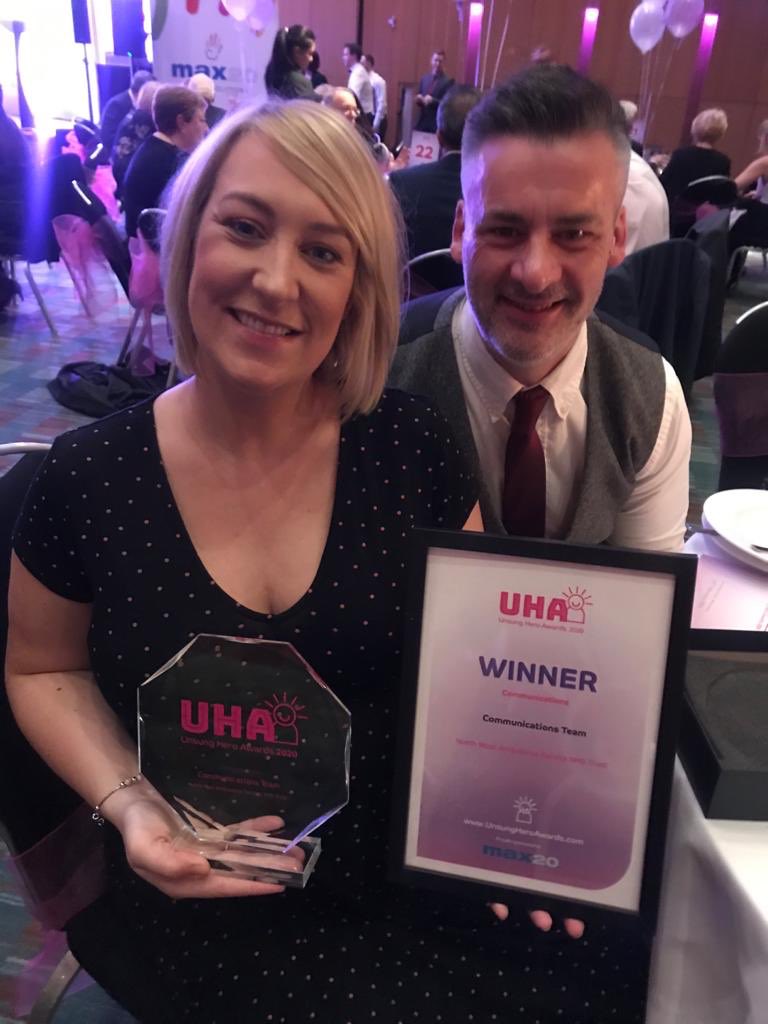 It’s the best feeling to win an award as a team for our #NHScomms work. We spend our days promoting the amazing achievements of everyone else in <a href="/NWAmbulance/">North West Ambulance Service</a> and are always trying to think of new creative ideas so this is a very nice pat on the back! Thanks <a href="/UnsungHeroAward/">Unsung Hero Awards</a> 🥳🙌🏼