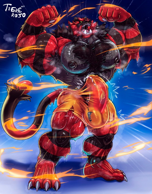 🔥 Info +

➡️ 8 feet / 2.5 m. tall by default, but can grow taller
➡️ Covered in red, black and grey fur that his musk is forever stuck to
➡️ Long, slick tongue
➡️ Tail moves at free will
➡️ 20 inch (or +) long, thick, unwashed cock
➡️ Low hanging balls full of very fertile cum