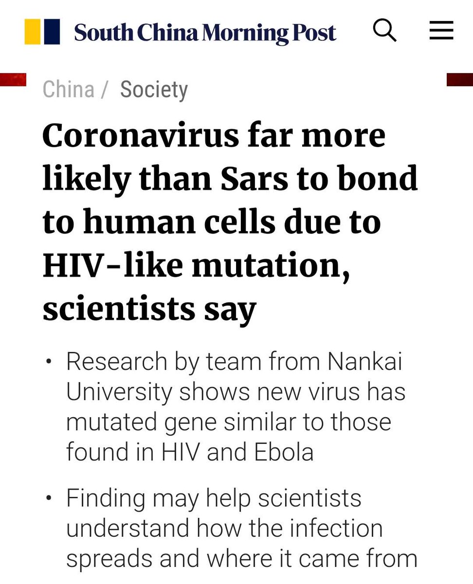 59. Multiple lines of evidence pointing to HIV?"The new coronavirus has an HIV-like mutation that means its ability to bind w/human cells could be... 1,000X as strong as the Sars virus...The mutation couldn't be found in Sars, Mers or Bat-CoVRaTG13."  http://archive.fo/Q0qF0 