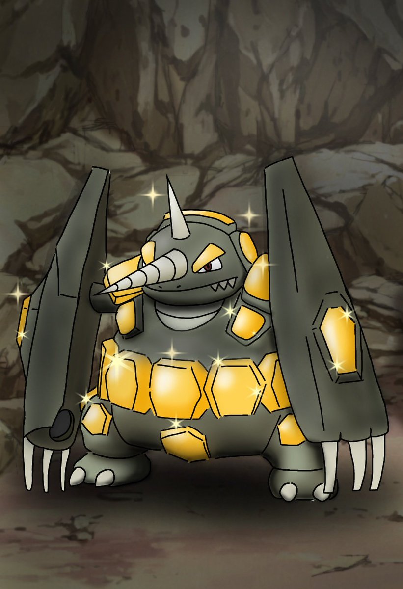 ナカノコ ドサイドン希少種 別名 金砕竜 きんざんで もくげき されたという こんじきに かがやく ドサイドン きんをほる ために かおのドリルはほそく うでは おおきく つめはながく へんかしている ポケモン ポケモン希少種 イラスト 空想