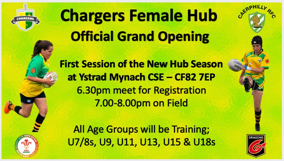 🚨Breaking News🚨 

New Hub Season starts Monday with our Grand Opening <a href="/CSEYstradMynach/">CSE Ystrad Mynach</a> 

Please meet at 6.30pm for Registration, the session will Run 7-8pm, All players will need boots! 

Looking forward to seeing you all on Monday! 

#GirlsCan #WeAreChargers 🔰💚