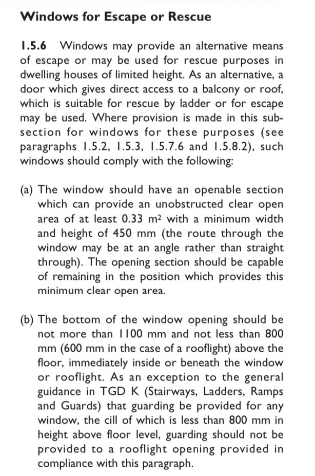 & even where opening windows are provided, there’s no requirement for them to be designed as ~escape windows~ which are required in houses, but not in flats 10/