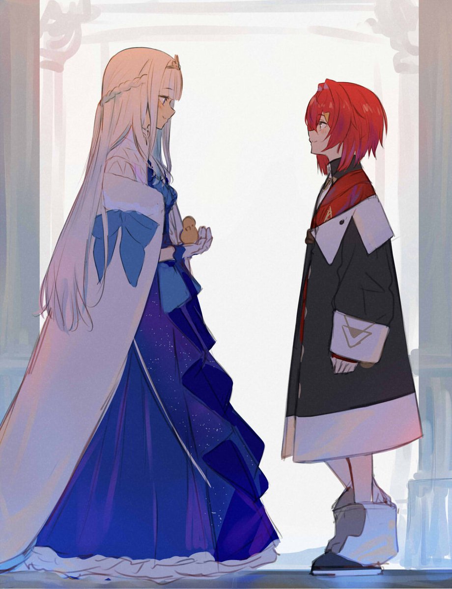 ange katrina ,lize helesta multiple girls 2girls red hair long hair white cloak dress white hair  illustration images