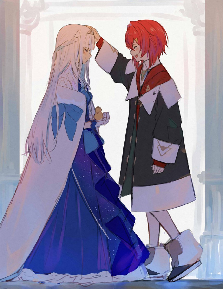 ange katrina ,lize helesta multiple girls 2girls red hair long hair white cloak dress white hair  illustration images