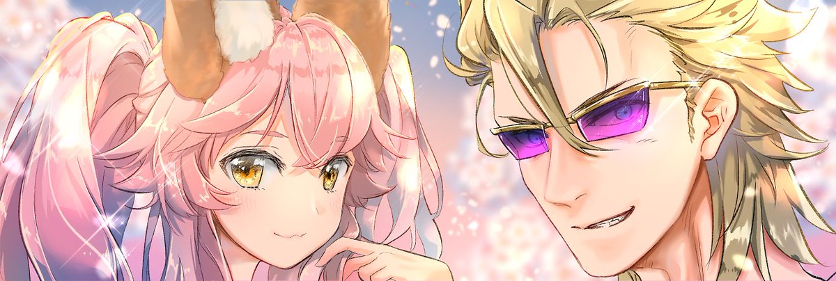 tamamo no mae (fate/extra) 1girl animal ears pink hair 1boy yellow eyes fox ears sunglasses  illustration images