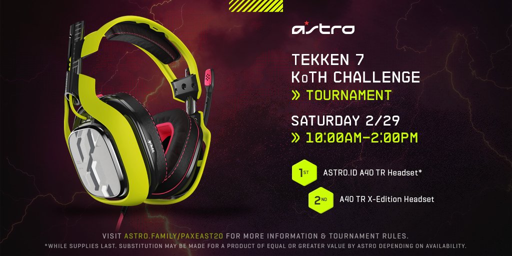 ASTROGaming's tweet photo. It's time to show off your TEKKEN main! Compete in our king of the hill competition in the ASTRO booth at #PAXEast2020 for your chance to win a custom #ASTROID headset or A40 TR X-Edition.

Competition Rules // https://t.co/XBBDL5Sf1X https://t.co/nqhhQDa2rP