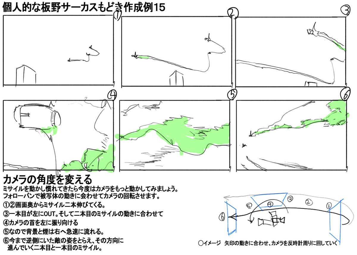 これはカメラをミサイルの動きに合わせて動かすショット
です。一瞬画面が煙だけのコマを入れるとかっこいいですね。
#絵描きさんとつながりたい #板野サーカス 
#アニメ好きと繫がりたい #作画
#冬の創作クラスタフォロー祭り
#創作クラスタさんと繋がりたい 