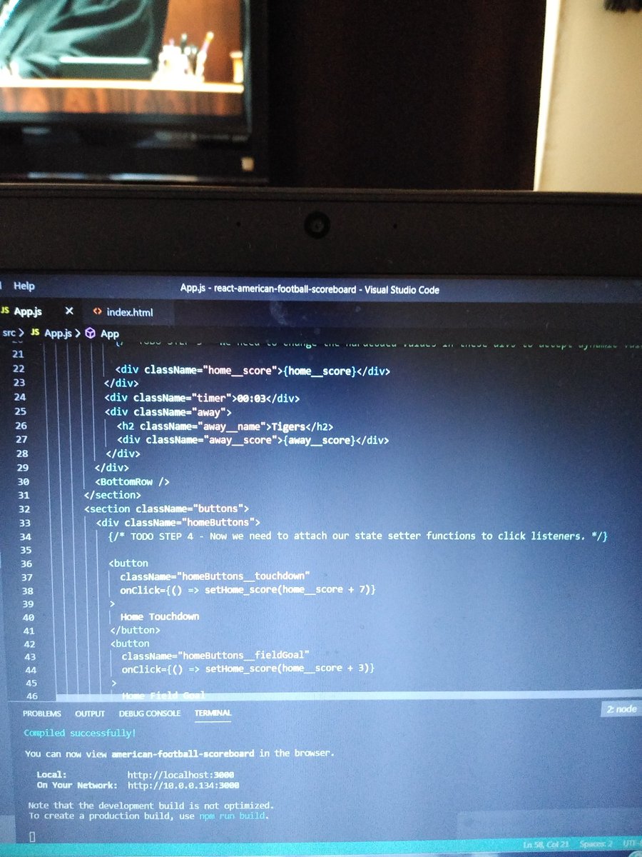 chrisRivera3141's tweet photo. I forgot to post yesterday but I did code for two hours. Day 9. Finished a fun football scoreboard using basic react components I learned with Lambda school. So hard and fun at same time. #100DaysOfCode #CodeLife #Lamdba https://t.co/PEuvrd3fAm