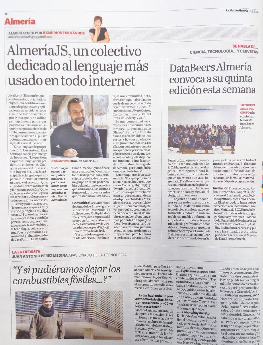 Hoy, en la sección #AlmeríaTech de <a href="/Lavozdealmeria/">La Voz de Almería</a>
conversamos con José Antonio sobre el colectivo AlmeríaJS. Además, entrevistamos a Juan Antonio Pérez acerca de su proyecto de levitación, y anunciamos la 5º edición de DataBeers Almería.