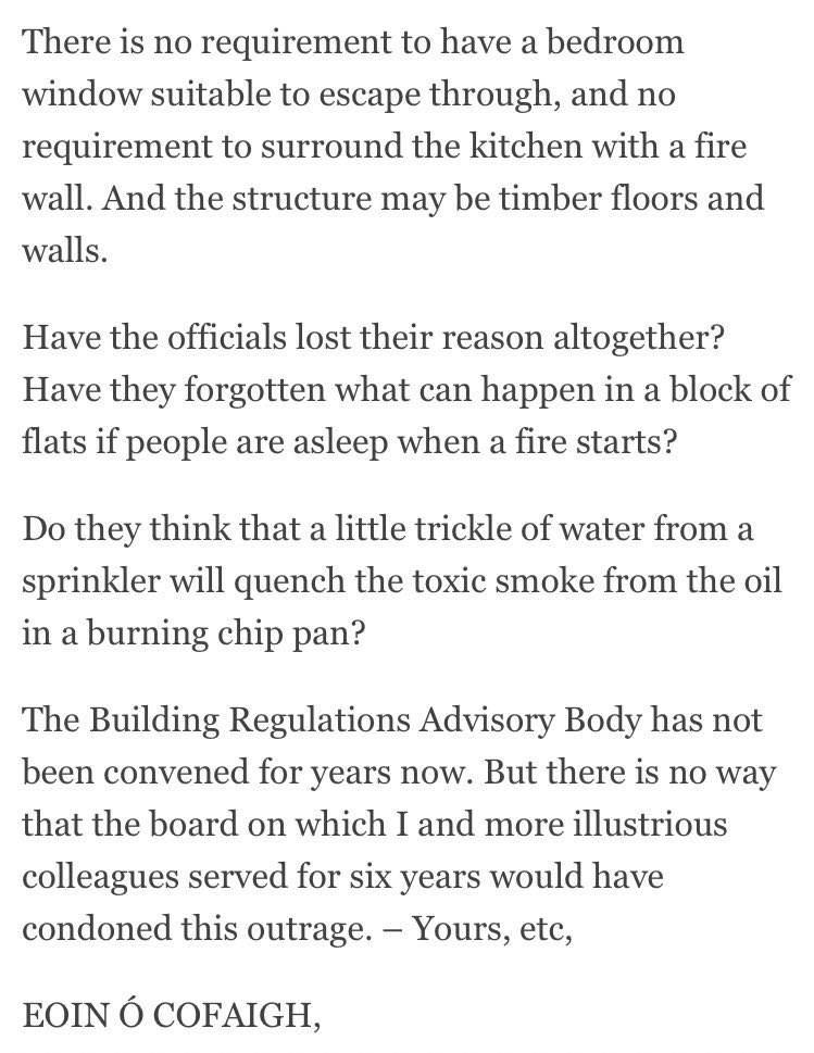 link to new regs 2020: TGD Part B  https://www.housing.gov.ie/housing/building-standards/tgd-part-b-fire-safety/technical-guidance-document-b-fire-safety-2006-0 link to Dept consultation 2019:  https://www.housing.gov.ie/housing/building-standards/tgd-part-b-fire-safety/public-consultation-additional-guidance-technical & finally letter to Irish Times by Eoin O’Cofaigh former RIAI President & author of book ‘The Building Regulations Explained’ /end